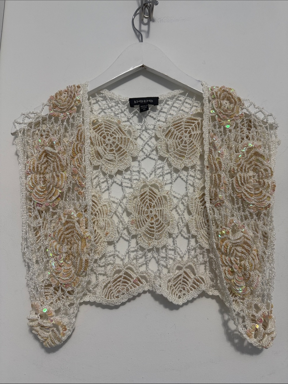 bebe Ivory Crochet Floral Bolero with Sequin Embellishments